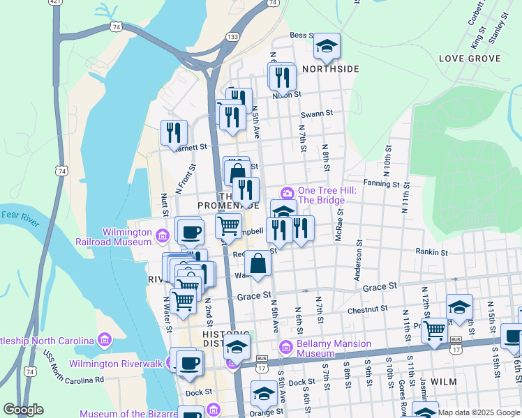 map of restaurants, bars, coffee shops, grocery stores, and more near 703 North 5th Avenue in Wilmington