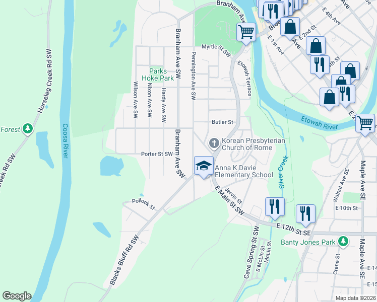 map of restaurants, bars, coffee shops, grocery stores, and more near 618 Pennington Ave SW in Rome