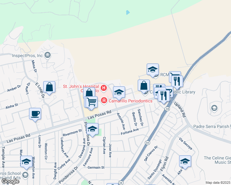 map of restaurants, bars, coffee shops, grocery stores, and more near 3958 Villamonte Court in Camarillo