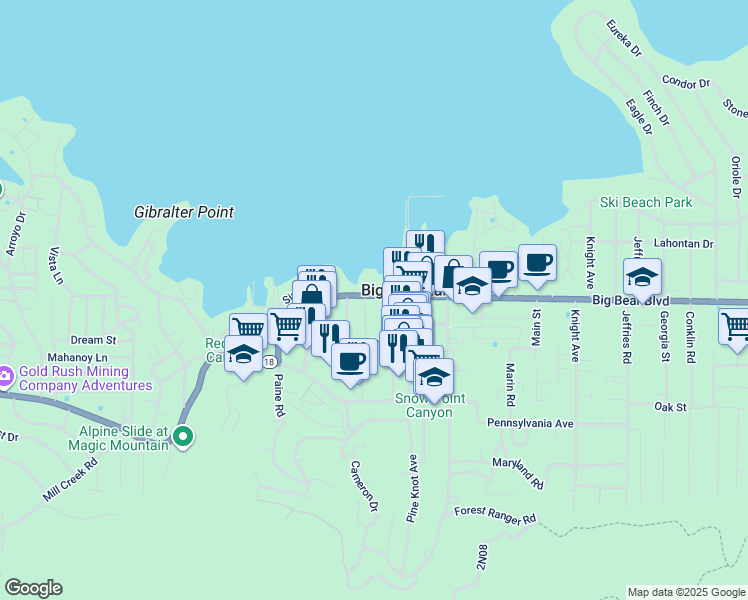 map of restaurants, bars, coffee shops, grocery stores, and more near 40743 Big Bear Boulevard in Big Bear Lake