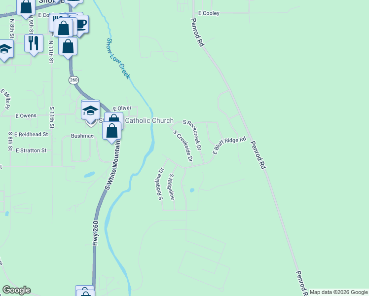 map of restaurants, bars, coffee shops, grocery stores, and more near 680 South Creekside Drive in Show Low