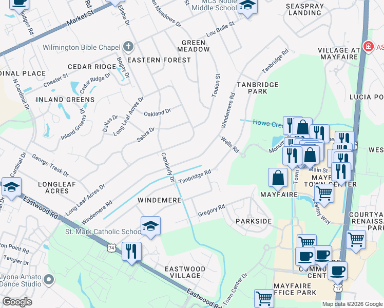 map of restaurants, bars, coffee shops, grocery stores, and more near 425 Windemere Road in Wilmington