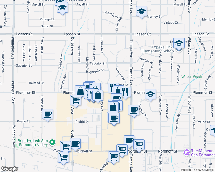 map of restaurants, bars, coffee shops, grocery stores, and more near 19394 Halsted Street in Los Angeles
