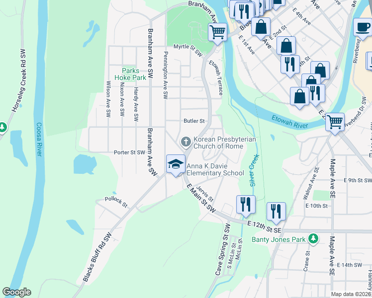 map of restaurants, bars, coffee shops, grocery stores, and more near 546 South Broad Street in Rome