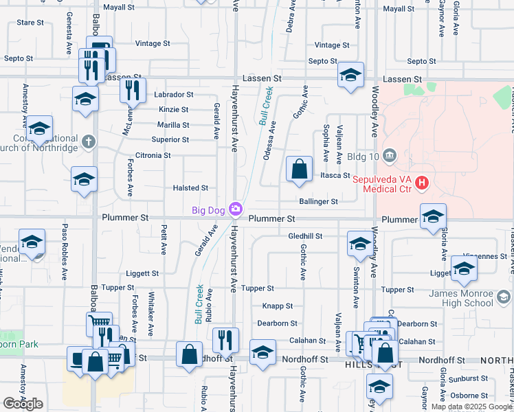 map of restaurants, bars, coffee shops, grocery stores, and more near 16526 Ballinger Street in Los Angeles