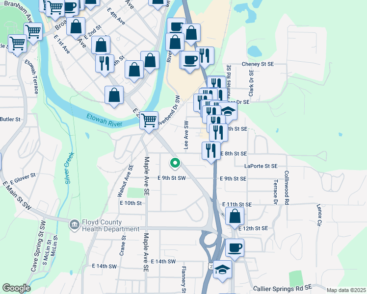 map of restaurants, bars, coffee shops, grocery stores, and more near 714 Lee Avenue Southwest in Rome
