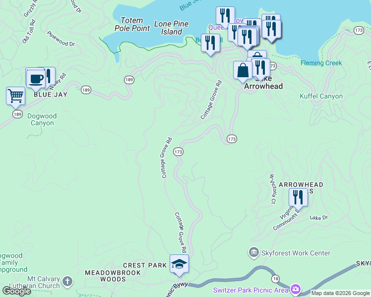 map of restaurants, bars, coffee shops, grocery stores, and more near 525 California 173 in Lake Arrowhead