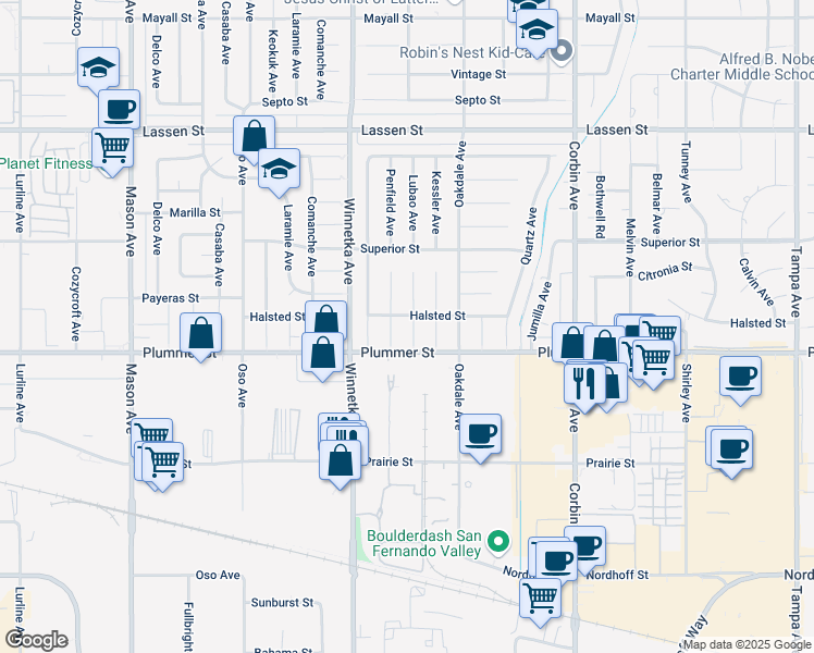 map of restaurants, bars, coffee shops, grocery stores, and more near 9523 Lubao Avenue in Los Angeles