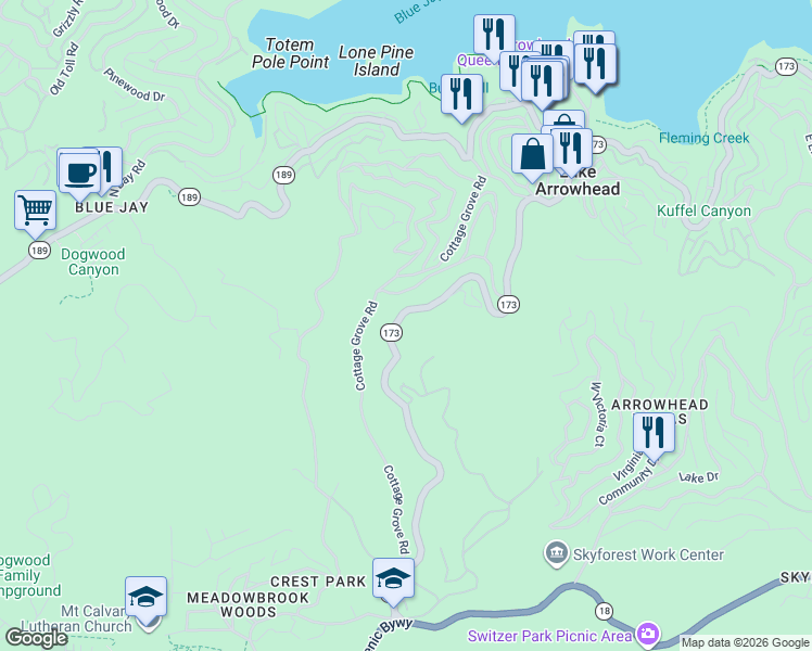 map of restaurants, bars, coffee shops, grocery stores, and more near 525 California 173 in Lake Arrowhead
