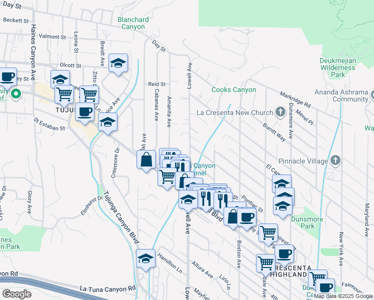 map of restaurants, bars, coffee shops, grocery stores, and more near 4653 Lowell Avenue in Glendale