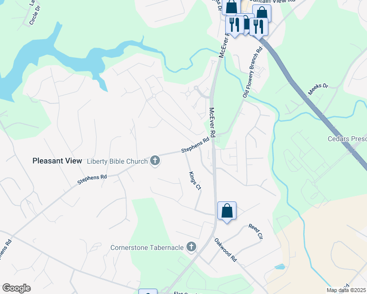 map of restaurants, bars, coffee shops, grocery stores, and more near 4704 Stephens Road in Gainesville