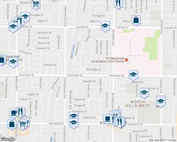 map of restaurants, bars, coffee shops, grocery stores, and more near 16400 Ballinger Street in Los Angeles