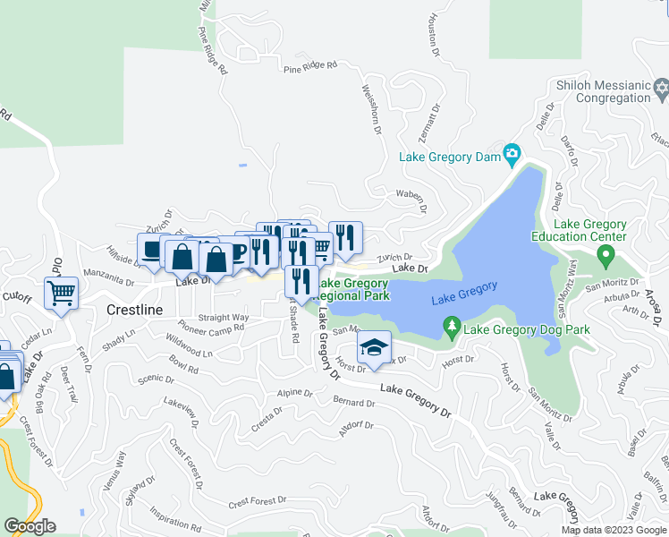 map of restaurants, bars, coffee shops, grocery stores, and more near Lake Drive in Crestline