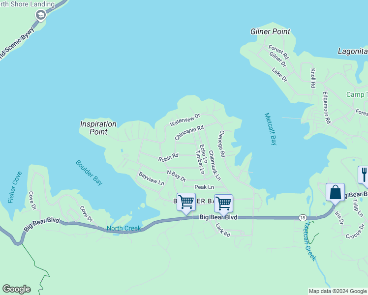 map of restaurants, bars, coffee shops, grocery stores, and more near 39161 Buckthorn Road in Big Bear Lake