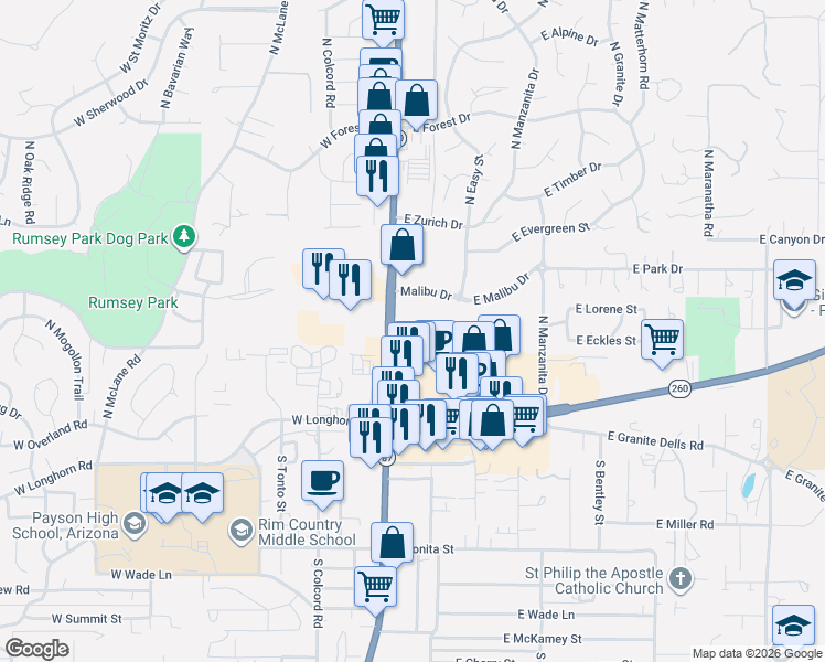 map of restaurants, bars, coffee shops, grocery stores, and more near 383-387 North Beeline Highway in Payson