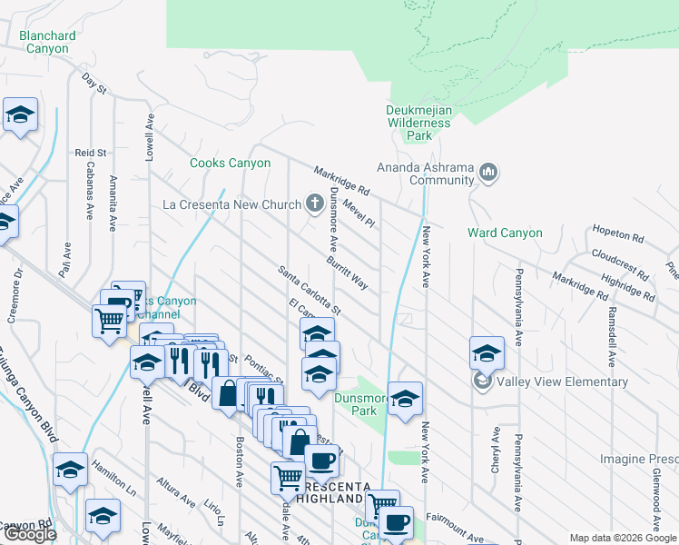 map of restaurants, bars, coffee shops, grocery stores, and more near 3546 Burritt Way in Glendale