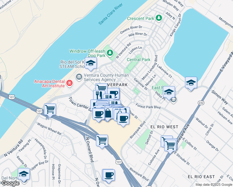 map of restaurants, bars, coffee shops, grocery stores, and more near 550 Forest Park Boulevard in Oxnard