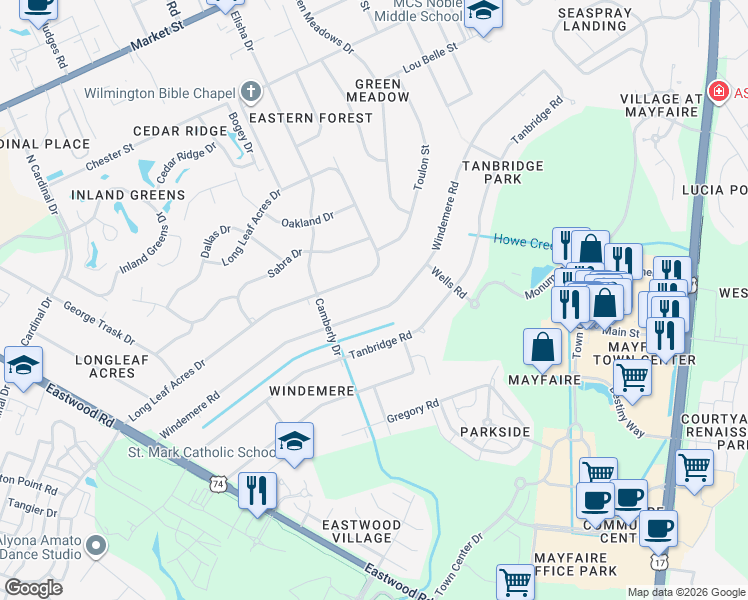map of restaurants, bars, coffee shops, grocery stores, and more near 425 Windemere Road in Wilmington