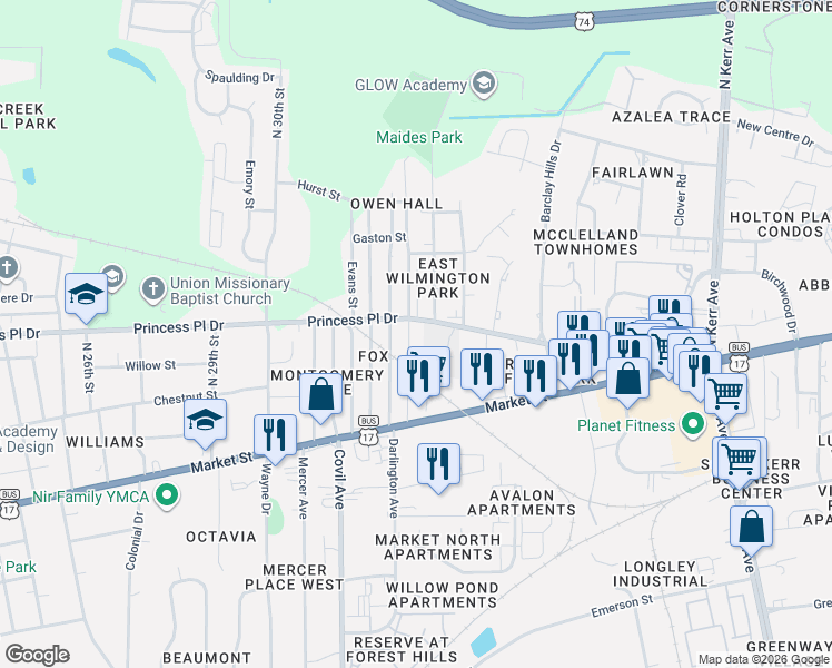map of restaurants, bars, coffee shops, grocery stores, and more near 3610 Princess Pl Dr in Wilmington