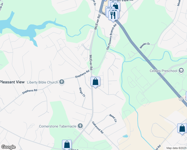 map of restaurants, bars, coffee shops, grocery stores, and more near 4505 Bishops Lane in Oakwood