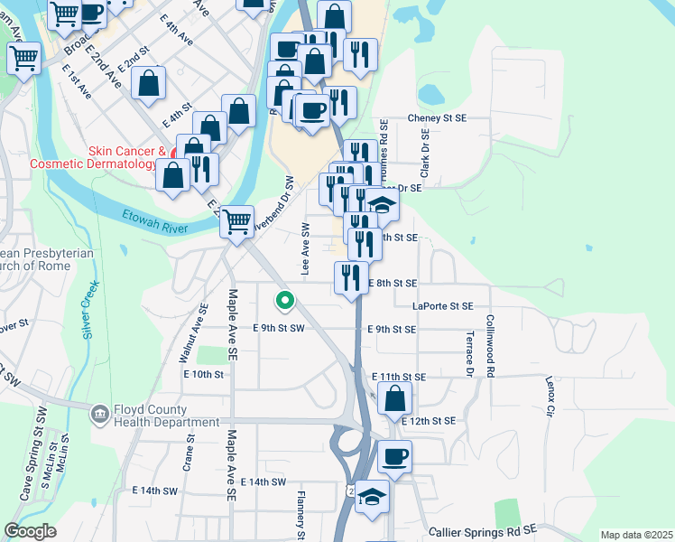 map of restaurants, bars, coffee shops, grocery stores, and more near 317 East 8th Street Southwest in Rome
