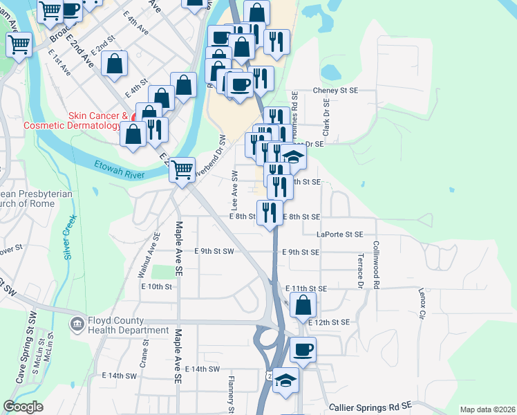 map of restaurants, bars, coffee shops, grocery stores, and more near 317 East 8th Street Southwest in Rome