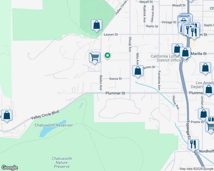 map of restaurants, bars, coffee shops, grocery stores, and more near 22531 Ballinger Street in Los Angeles