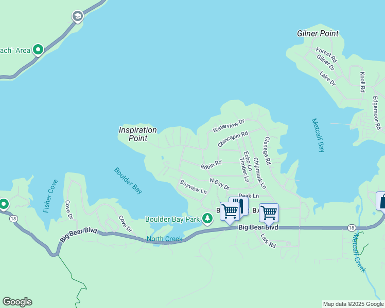 map of restaurants, bars, coffee shops, grocery stores, and more near 39031 Waterview Drive in Big Bear Lake