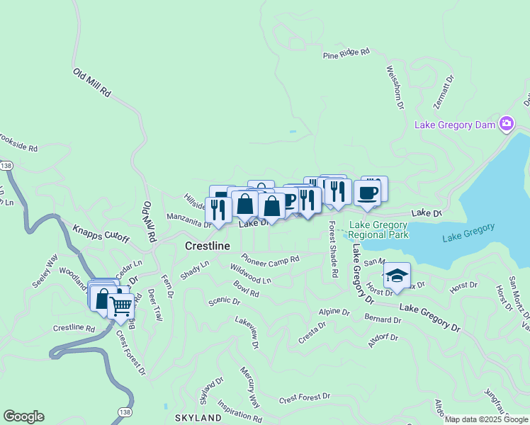 map of restaurants, bars, coffee shops, grocery stores, and more near 23889 Springwater Road in Crestline