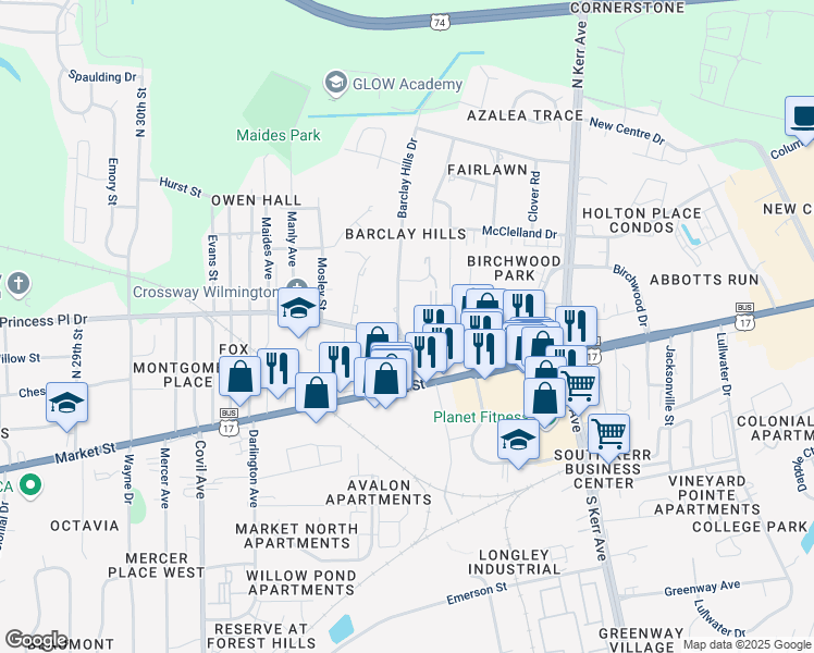 map of restaurants, bars, coffee shops, grocery stores, and more near 106 Barclay Hills Drive in Wilmington