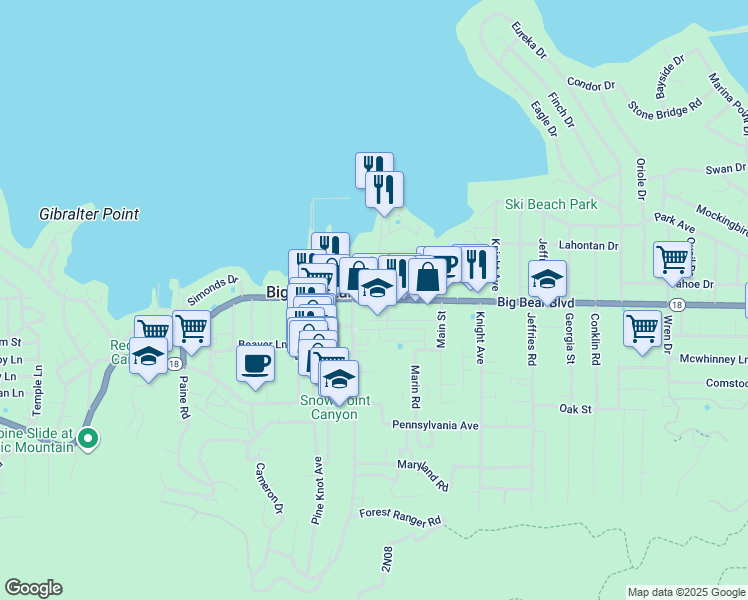 map of restaurants, bars, coffee shops, grocery stores, and more near in Big Bear Lake
