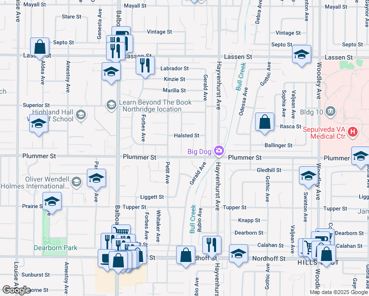 map of restaurants, bars, coffee shops, grocery stores, and more near 9518 Ruffner Avenue in Los Angeles