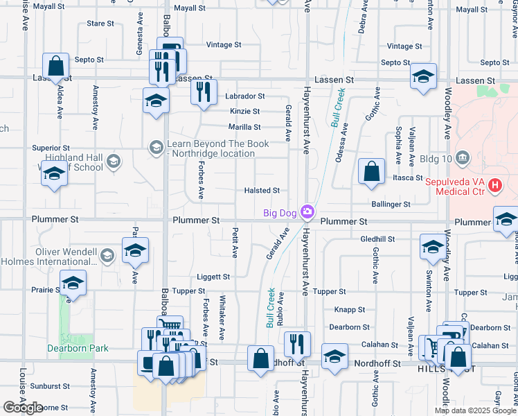 map of restaurants, bars, coffee shops, grocery stores, and more near 9518 Ruffner Avenue in Los Angeles