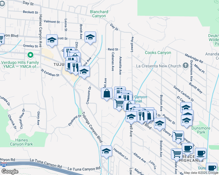 map of restaurants, bars, coffee shops, grocery stores, and more near 9709 Cabanas Avenue in Los Angeles