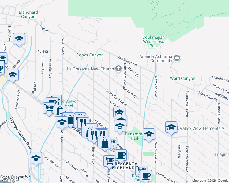 map of restaurants, bars, coffee shops, grocery stores, and more near 4915 Trend Terrace in Glendale
