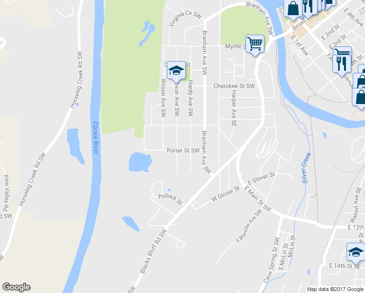 map of restaurants, bars, coffee shops, grocery stores, and more near 106 Porter Street Southwest in Rome