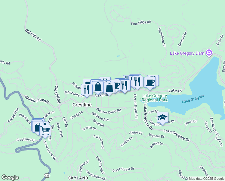 map of restaurants, bars, coffee shops, grocery stores, and more near 23930 Lake Drive in Crestline