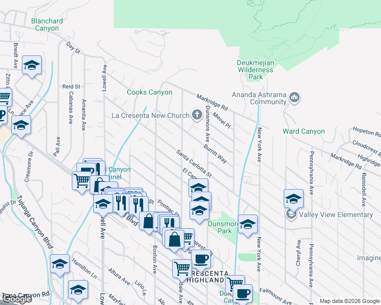 map of restaurants, bars, coffee shops, grocery stores, and more near 4915 Trend Terrace in Glendale
