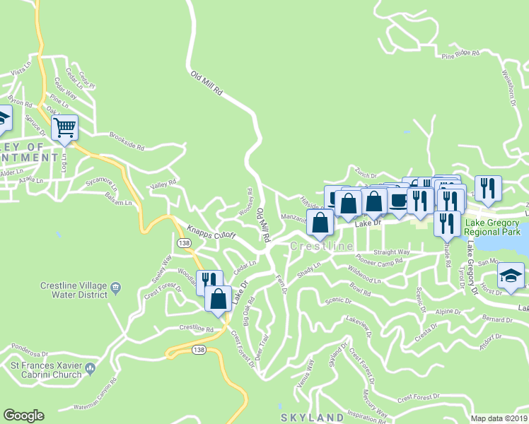 map of restaurants, bars, coffee shops, grocery stores, and more near 531 Old Mill Road in Crestline