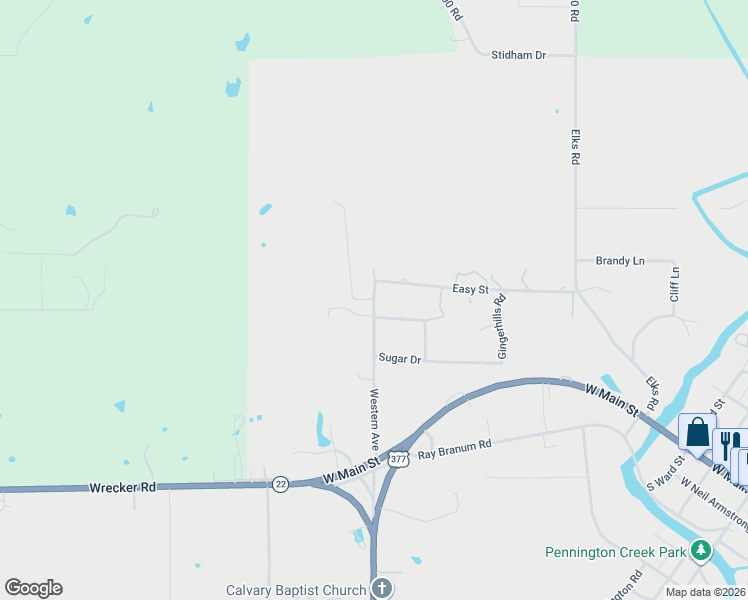 map of restaurants, bars, coffee shops, grocery stores, and more near Western Avenue in Tishomingo