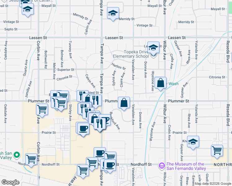 map of restaurants, bars, coffee shops, grocery stores, and more near 19200 Ballinger Street in Los Angeles