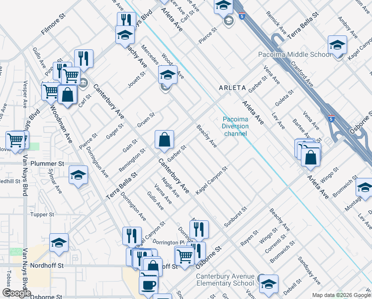 map of restaurants, bars, coffee shops, grocery stores, and more near 13934 Garber Street in Los Angeles