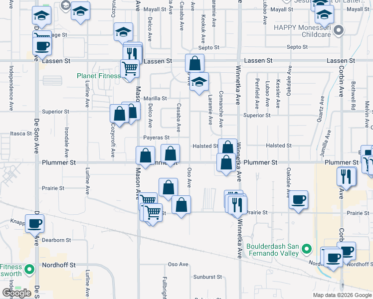 map of restaurants, bars, coffee shops, grocery stores, and more near 9527 Oso Avenue in Los Angeles