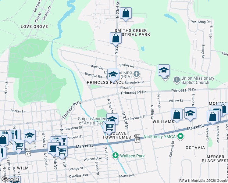 map of restaurants, bars, coffee shops, grocery stores, and more near 2209 Princess Place Drive in Wilmington