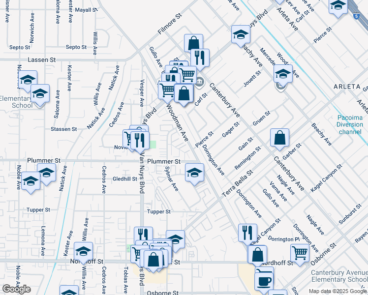 map of restaurants, bars, coffee shops, grocery stores, and more near 9545 Woodman Avenue in Los Angeles
