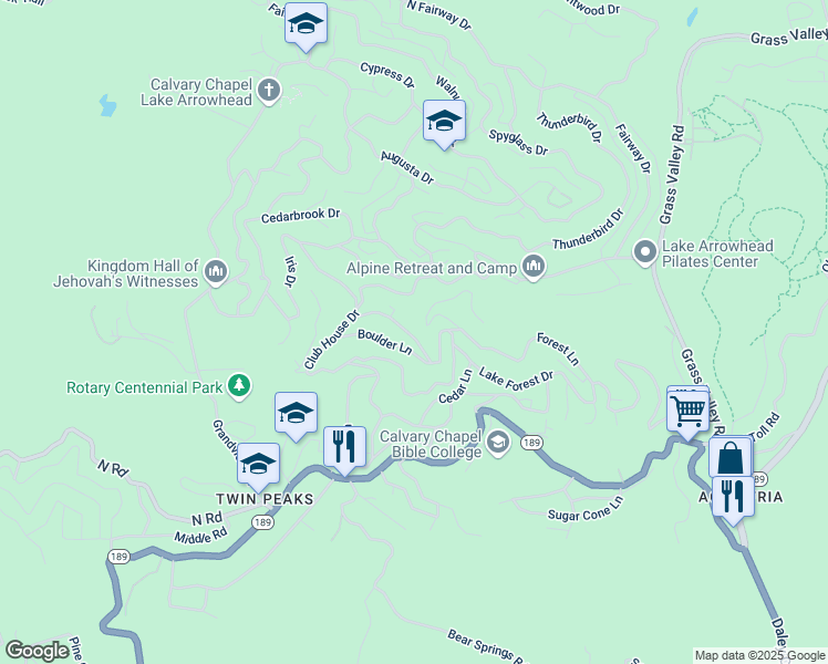 map of restaurants, bars, coffee shops, grocery stores, and more near 26234 Lake Forest Drive in Lake Arrowhead