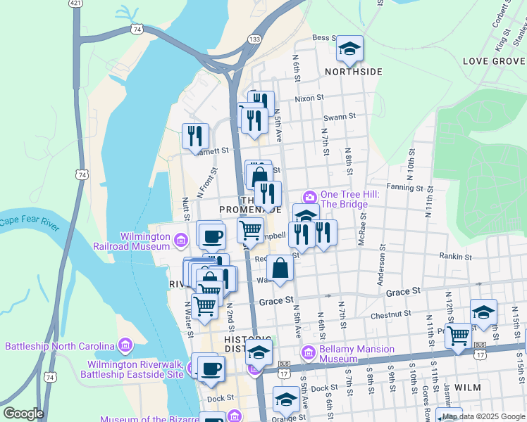 map of restaurants, bars, coffee shops, grocery stores, and more near 311 Hanover Street in Wilmington