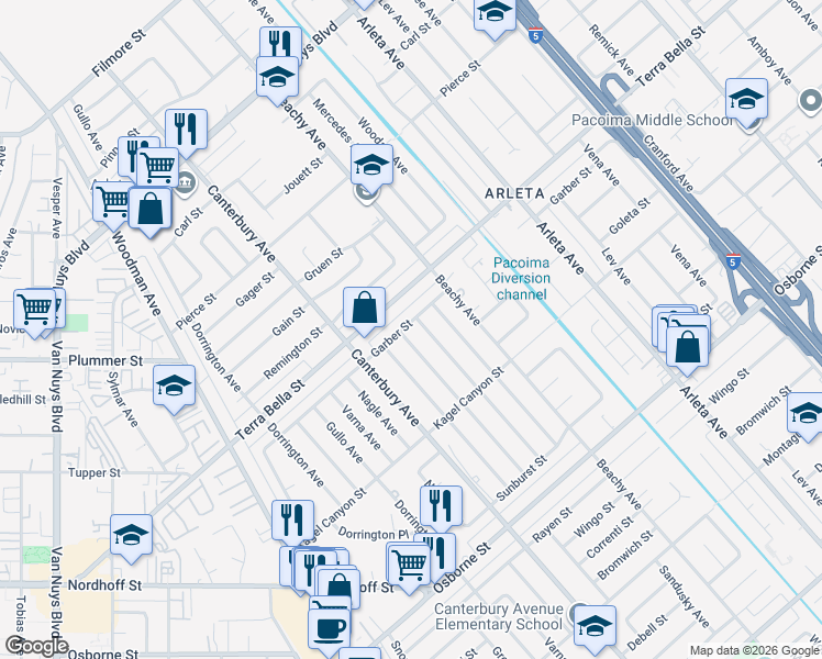 map of restaurants, bars, coffee shops, grocery stores, and more near 13934 Garber Street in Los Angeles