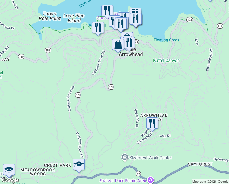 map of restaurants, bars, coffee shops, grocery stores, and more near 505 California 173 in Lake Arrowhead