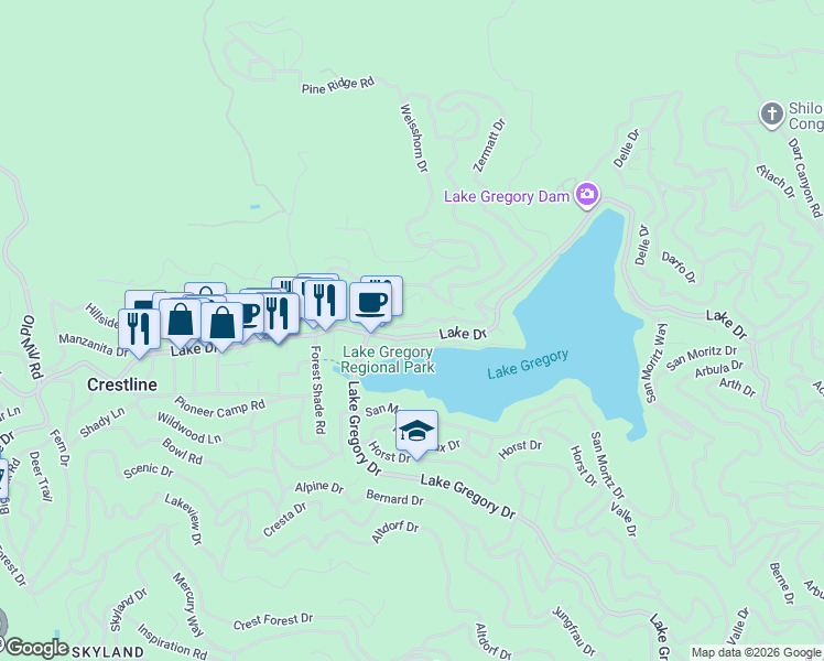 map of restaurants, bars, coffee shops, grocery stores, and more near 24247 Zurich Drive in Crestline